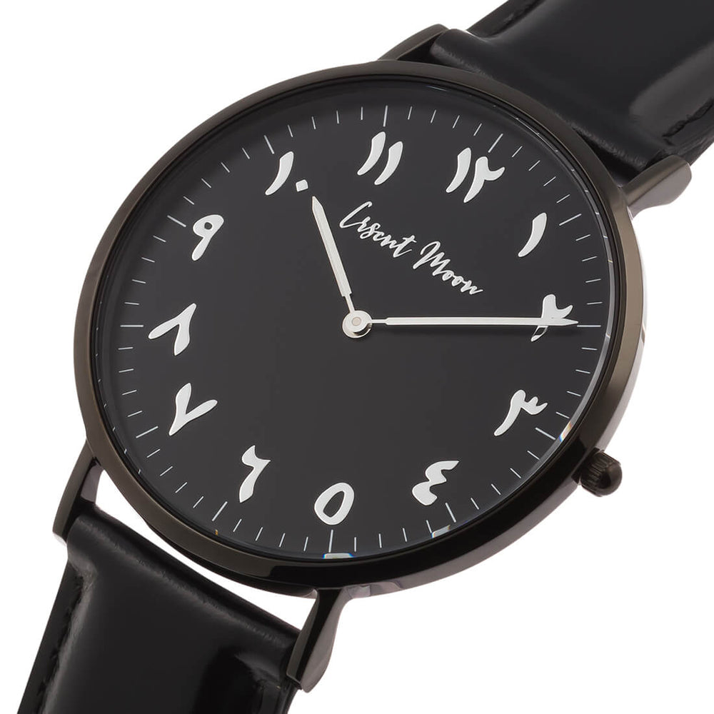 Arabic Numerals Watch with Black Leather Strap and Black Case by Crscnt Moon