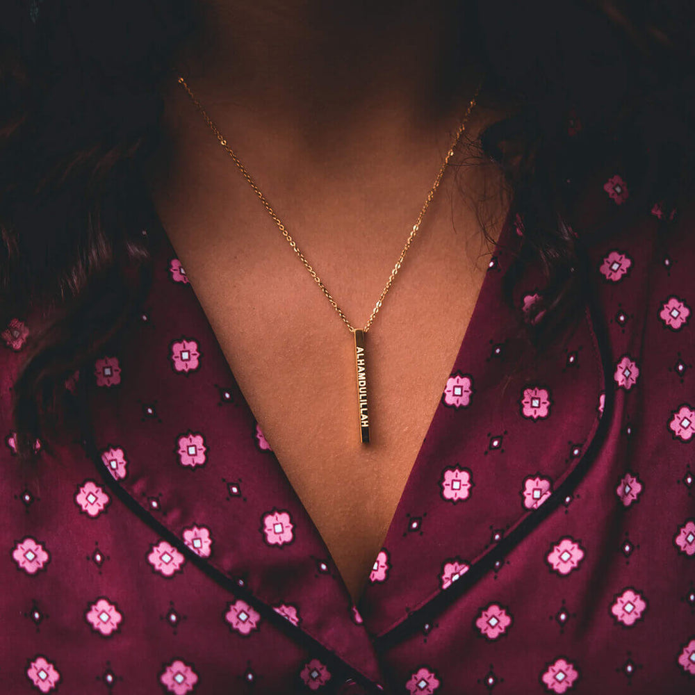 
            
                Load image into Gallery viewer, Alhamdulillah Necklace in Rose Gold by Crscnt Moon shown being worn
            
        