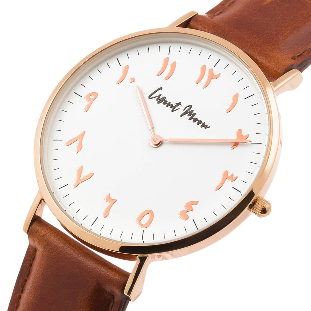 
            
                Load image into Gallery viewer, Arabic Numerals Watch with Brown Leather Strap and Rose Gold Case by Crscnt Moon
            
        