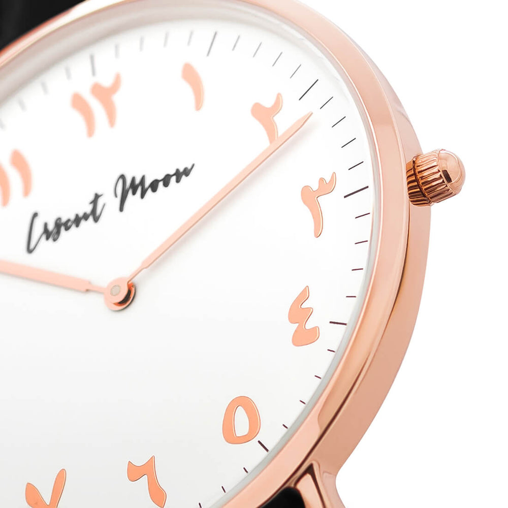 
            
                Load image into Gallery viewer, Arabic Numerals Watch with Black Leather Strap and Rose Gold Case by Crscnt Moon
            
        