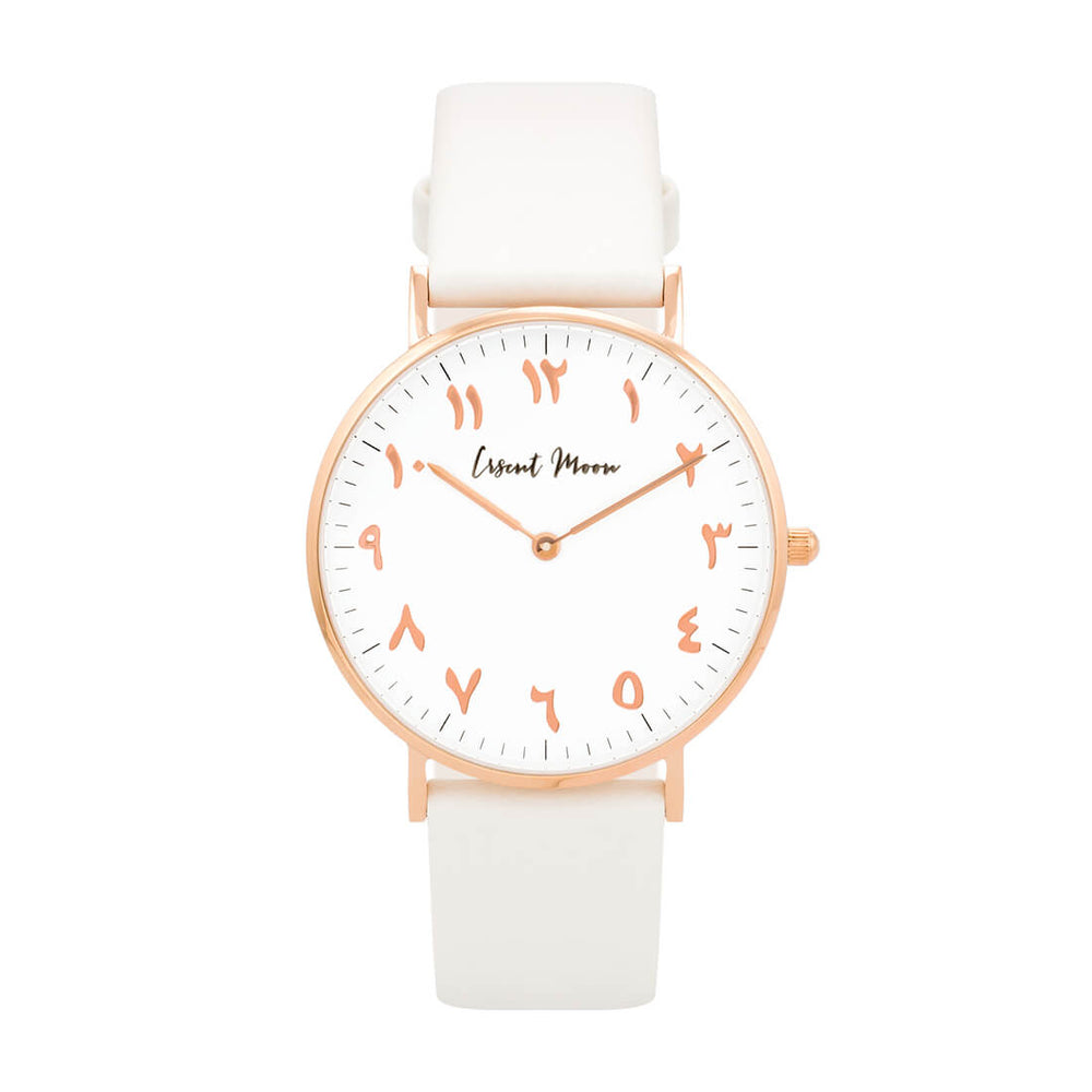 
            
                Load image into Gallery viewer, Arabic Numerals Watch with White Leather Strap and Rose Gold Case by Crscnt Moon
            
        