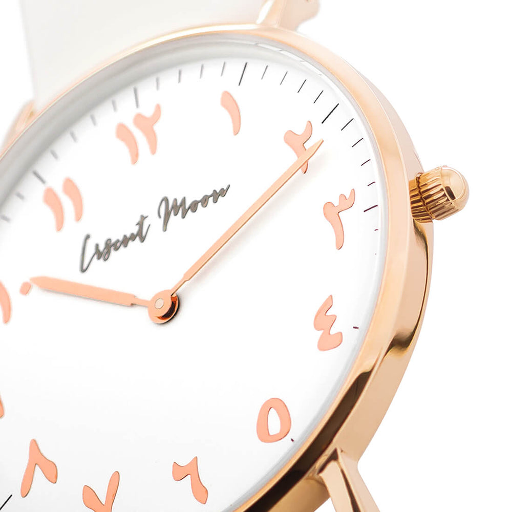 
            
                Load image into Gallery viewer, Arabic Numerals Watch with White Leather Strap and Rose Gold Case by Crscnt Moon
            
        