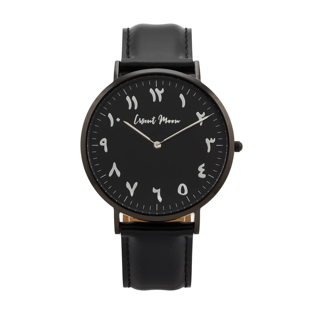 
            
                Load image into Gallery viewer, Arabic Numerals Watch with Black Leather Strap and Black Case by Crscnt Moon
            
        
